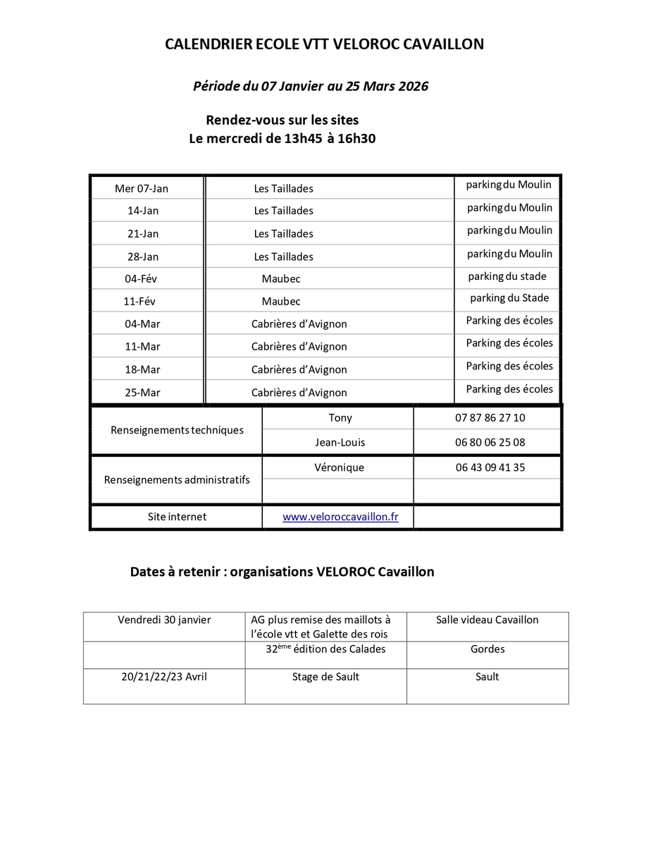 Calendrier école VTT 1er trimestre 2026