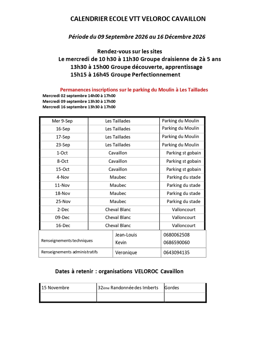 Calendrier école VTT 4ème trimestre 2026