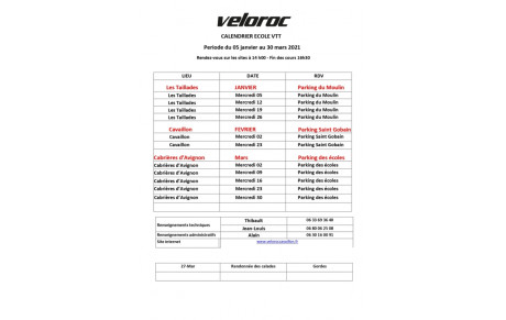 Calendrier école VTT 1er trimestre 2022