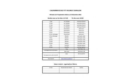 Calendrier école VTT 4ème trimestre 2022