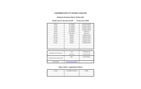 Calendrier école VTT 1er trimestre 2023.