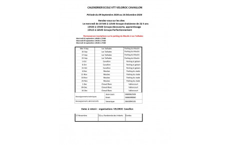 Calendrier école VTT 4ème trimestre 2026